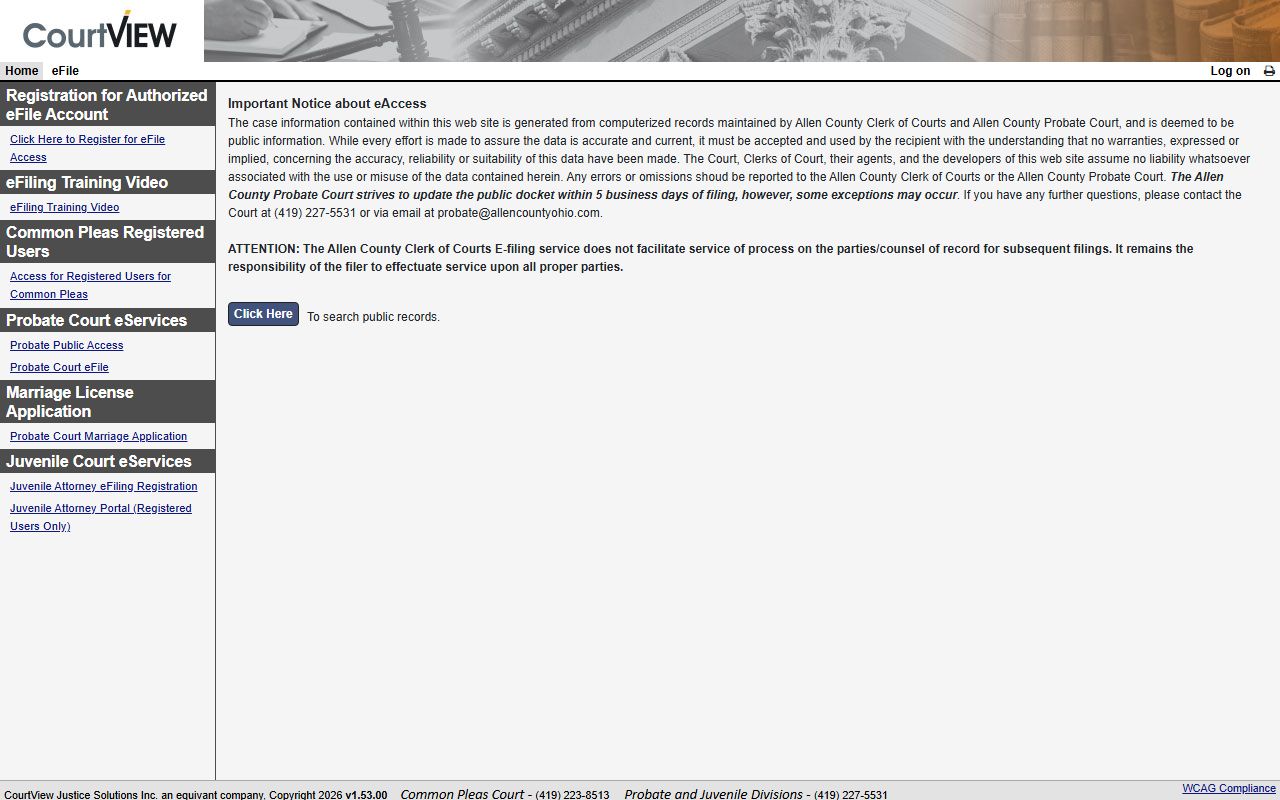 Allen County online court records search portal for DUI cases
