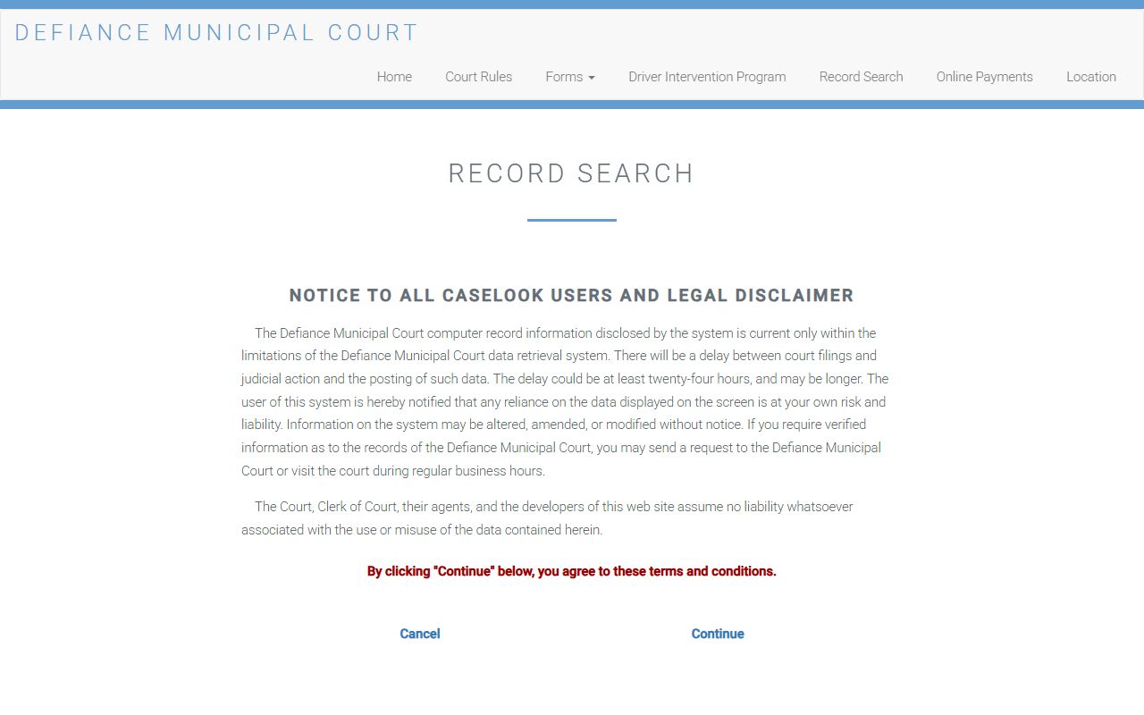 Defiance Municipal Court online record search for DUI cases