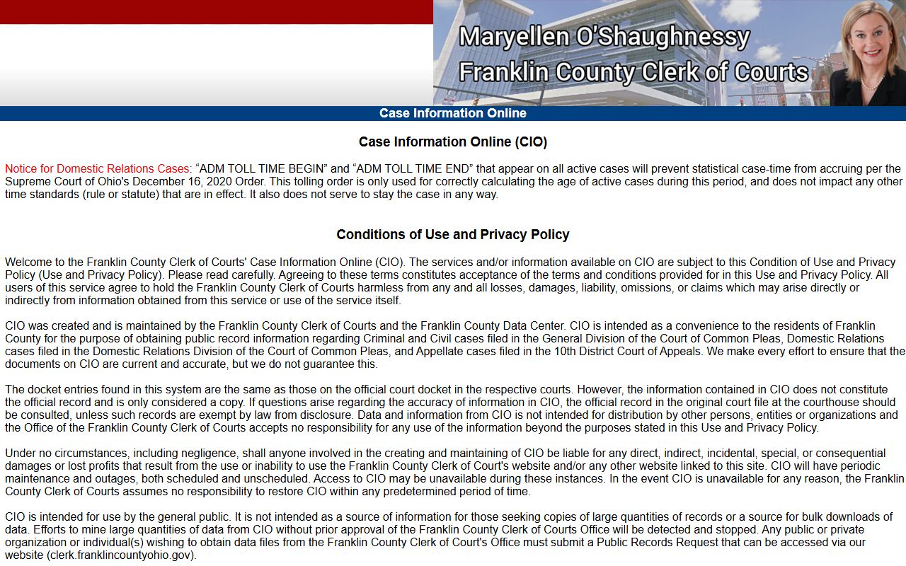 Franklin County Case Information Online for DUI record searches